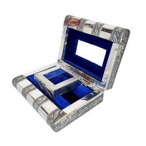 Antique Tiger Designed, Silver Metal Finish, Wooden Handmade Jewelry Box-Blue