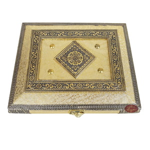 Golden Artificial Leather Finish, Wooden Handmade, Quadruple Dry Fruit Box (9x7x2.25)