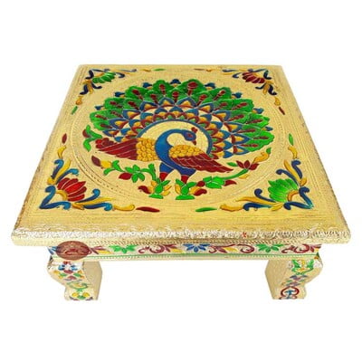 Peacock Designed Wooden Handmade Rajwadi Chowki (10"X10"X5")-G.M.