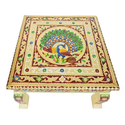 Peacock Designed Wooden Handmade Rajwadi Chowki (15"X15"X7")-G.M.