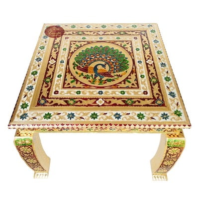 Peacock Designed Wooden Handmade Rajwadi Chowki (18"X18"X12")-G.M.