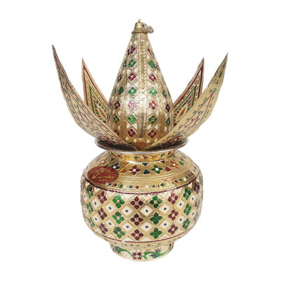 Golden Flower Designed S.S. Meenakari Kalash-Coconut With 4 Leaves-G.M.