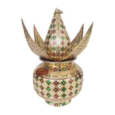 Golden Flower Designed S.S. Meenakari Kalash-Coconut With 4 Leaves-G.M.