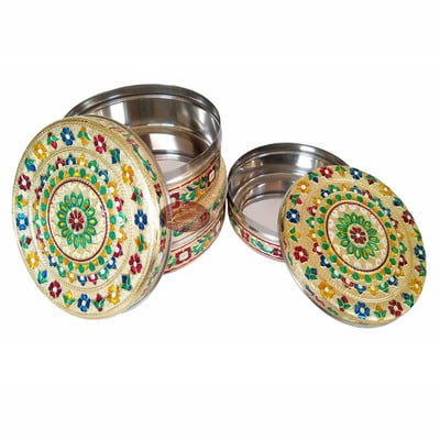 Golden Flower Meenakari Designed Stainless Steel Make 3-Piece Container Set