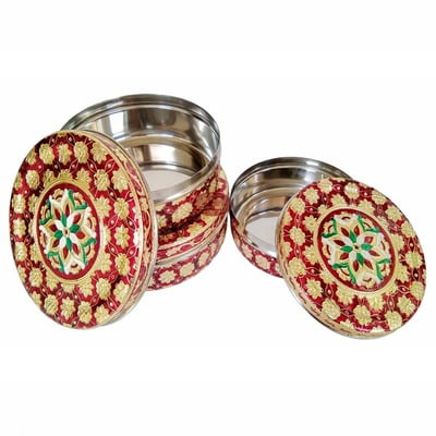 Red Flower Meenakari Designed Stainless Steel Make 3-Piece Container Set