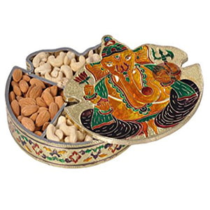 Ganesh Shaped Handmade Meenakari Dry Fruit Box - G.M. (7"x 7" x 1.25" Inches)