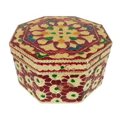 Octagonal Shaped Handmade Meenakari Dry Fruit Box - Red (4" X 4" X 2.25" Inches)