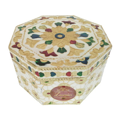 Octagonal Shaped Handmade Meenakari Dry Fruit Box - White (4" X 4" X 2.25" Inches)