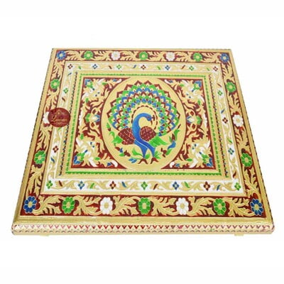 Peacock Designed Wooden Handmade Rajwadi Chowki (21"X15"X3")-G.M.