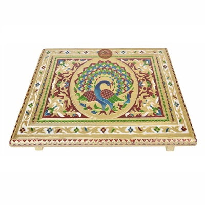 Peacock Designed Wooden Handmade Rajwadi Chowki (18"X12"X3")-G.M.