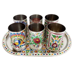Royal Peacock Designed Serving Tray with Matching 6-Glasses Set- Stainless Steel S.M.