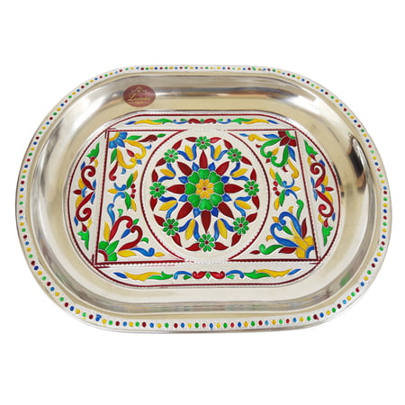 Royal Flower Designed Stainless Steel Meenakari Decorative Tray - RF-Silver