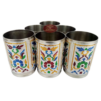 Flower Designed Stainless Steel Meenakari 6-glass Set -S.M.