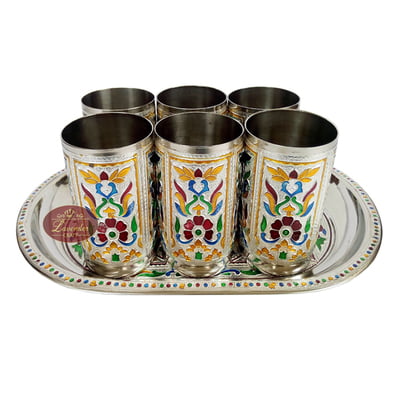 Royal Flower Designed Serving Tray with Matching 6-Glasses Set- Stainless Steel S.M.