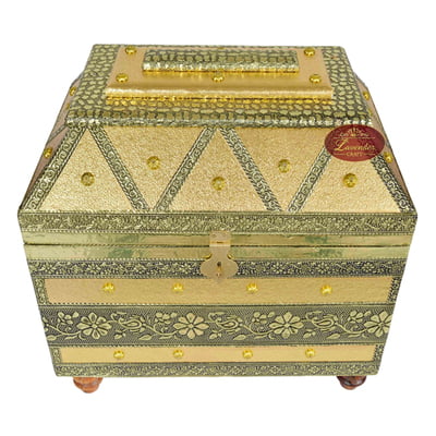 Big Royal Treasure Chest Style, Artificial Leather Finish, Wooden Handmade Jewellery Box - Golden