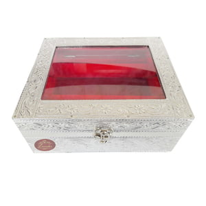 Silver Coloured Wooden Handmade Metal Finish Window 2 Roll Bangle Box-RED