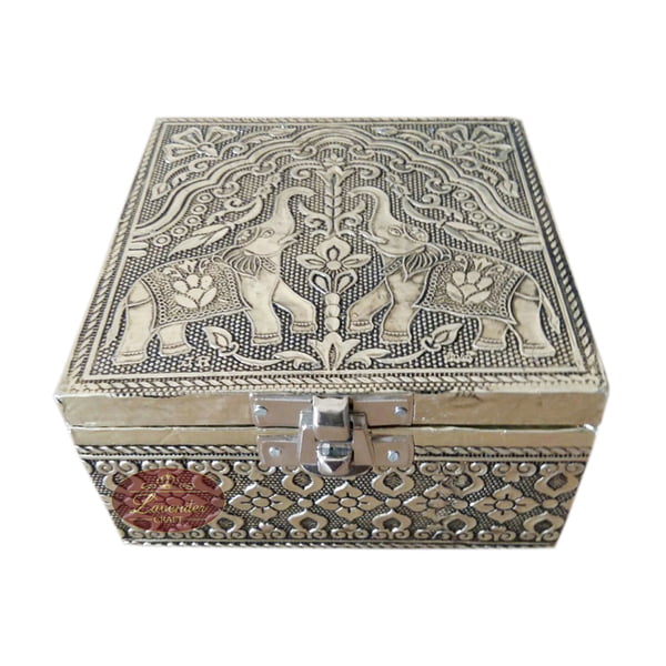 Antique Elephant Designed Wooden Handmade Jewelry Box Elephant - Red