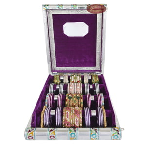 Silver Meenakari Flower Designed Wooden Handmade 4-roll Bangle Box Purple