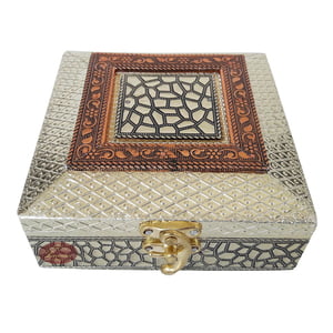 Antique Metal Stone Designed, Wooden Handmade, Empty Dry Fruit Box (5"x5"x2" inch)