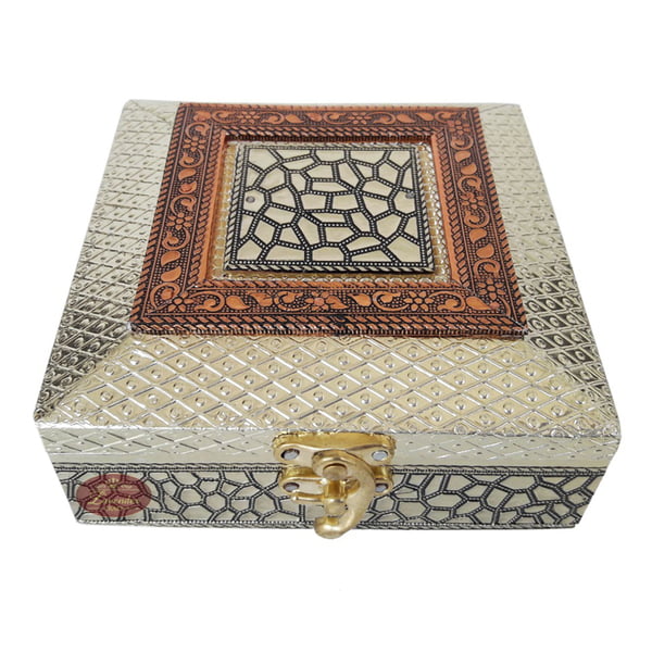 Antique Metal Stone Designed, Wooden Handmade, Empty Dry Fruit Box (5"x5"x2" inch)