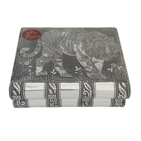 Antique Tiger Designed, Silver Metal Finish, Wooden Handmade Jewelry Box-Blue