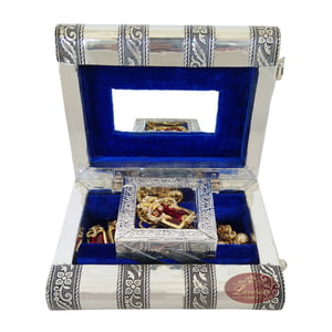 Antique Tiger Designed, Silver Metal Finish, Wooden Handmade Jewelry Box-Blue