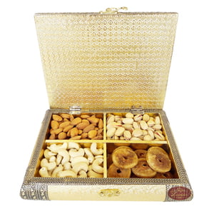 Golden Artificial Leather Finish, Wooden Handmade, Quadruple Dry Fruit Box (9x7x2.25)