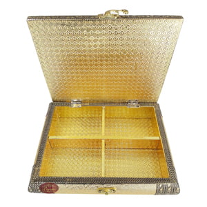 Golden Artificial Leather Finish, Wooden Handmade, Quadruple Dry Fruit Box (9x7x2.25)