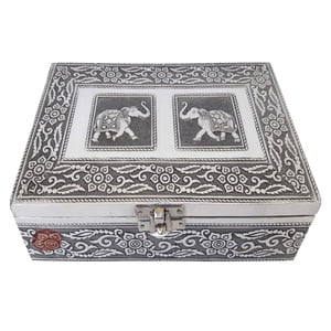 Antique Twin Elephant Designed, Silver Metal Finish, Wooden Handmade Jewelry Box Silver