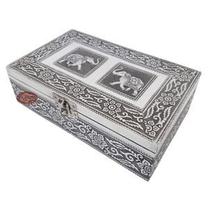 Antique Twin Elephant Designed, Silver Metal Finish, Wooden Handmade Jewelry Box Silver