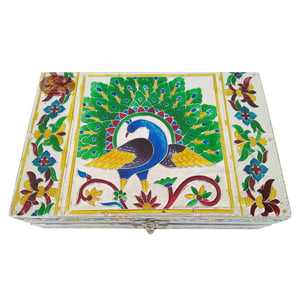 Silver Meenakari Peacock Designed, Wooden Handmade, Jewellery Box Peacock