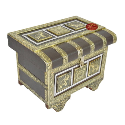 Royal Treasure Trunk Style, Artificial Leather Finish, Wooden Handmade Jewelry Box-Brown