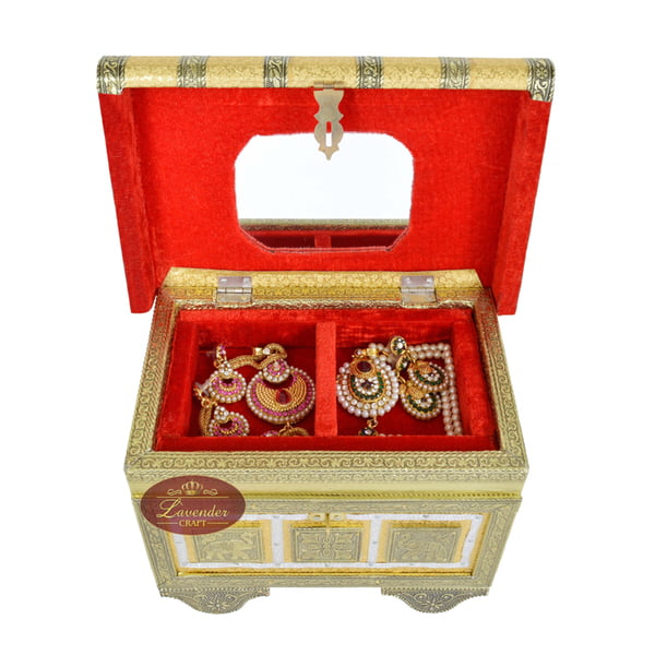 Royal Treasure Trunk Style, Artificial Leather Finish, Wooden Handmade Jewelry Box-Godlen