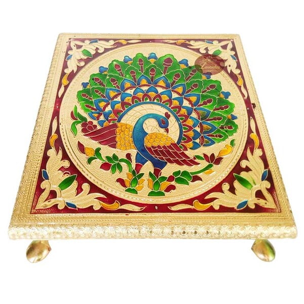 Peacock Designed  Wooden Handmade Meenakari Rajwadi Chowki (10"X10"X2" INCH)-G.M.