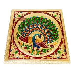 Peacock Designed  Wooden Handmade Meenakari Rajwadi Chowki (10"X10"X2" INCH)-G.M.