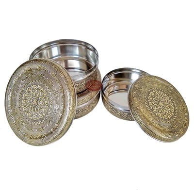 Antique Golden Infinity Designed Stainless Steel Make 3-Piece Container Set