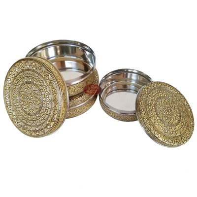 Antique Golden Flower Designed Stainless Steel Make 3-Piece Container Set