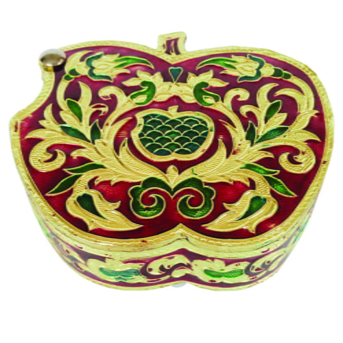 Red Apple Shaped, Flower Designed, Hand-made Meenakari Dry-fruit Box SMALL(4.5" X 5" X 1.5" Inches).