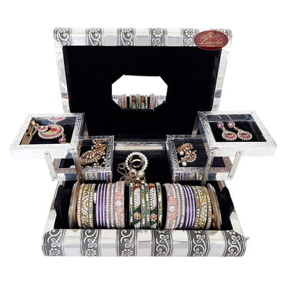 Premium Jewellery Box Box 4 Tray & 1 Roll - Antique Look Black Velvet