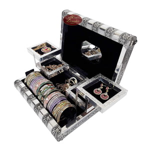 Premium Jewellery Box Box 4 Tray & 1 Roll - Antique Look Black Velvet