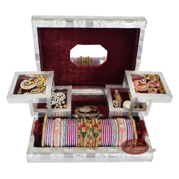Premium Jewellery Box Box 4 Tray & 1 Roll - Antique Look Maroon Velvet
