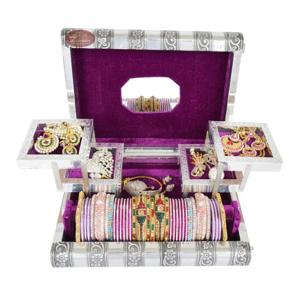 Premium Jewellery Box Box 4 Tray & 1 Roll - Antique Look Purple Velvet