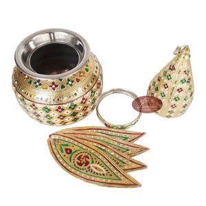 Golden Flower Designed S.S. Meenakari Kalash-Coconut With 4 Leaves-G.M.