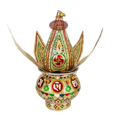 Ganesha Designed S.S. Meenakari Kalash-Coconut With 4 Leaves-G.M.