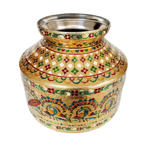 Peacock Designed, Meenakari Decorated, Stainless Steel Pot Set - 2 Pots With Top Lid G.M. -