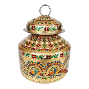 Peacock Designed, Meenakari Decorated, Stainless Steel Pot Set - 2 Pots With Top Lid G.M. -