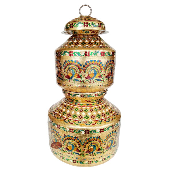 Peacock Designed, Meenakari Decorated, Stainless Steel Pot Set - 2 Pots With Top Lid G.M. -