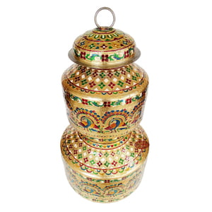 Peacock Designed, Meenakari Decorated, Stainless Steel Pot Set - 2 Pots With Top Lid G.M. -