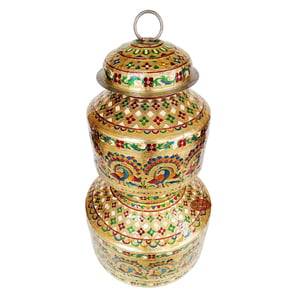 Peacock Designed, Meenakari Decorated, Stainless Steel Pot Set - 2 Pots With Top Lid G.M. -