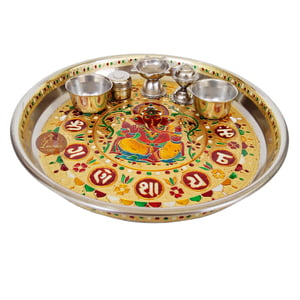 Ganesha Designed Stainless Steel Meenakari Puja Thali With 4 Tumblers G.M.